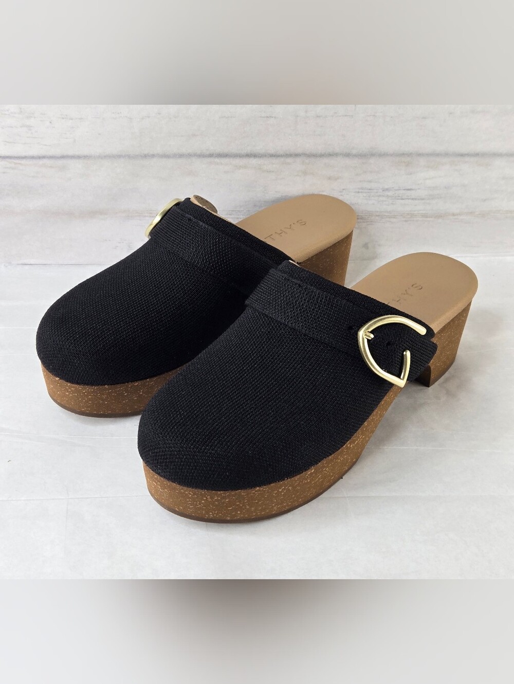 Rothy's The Classic Clog Buckle Accent Block Heel Black Knit Women's Size 6.5